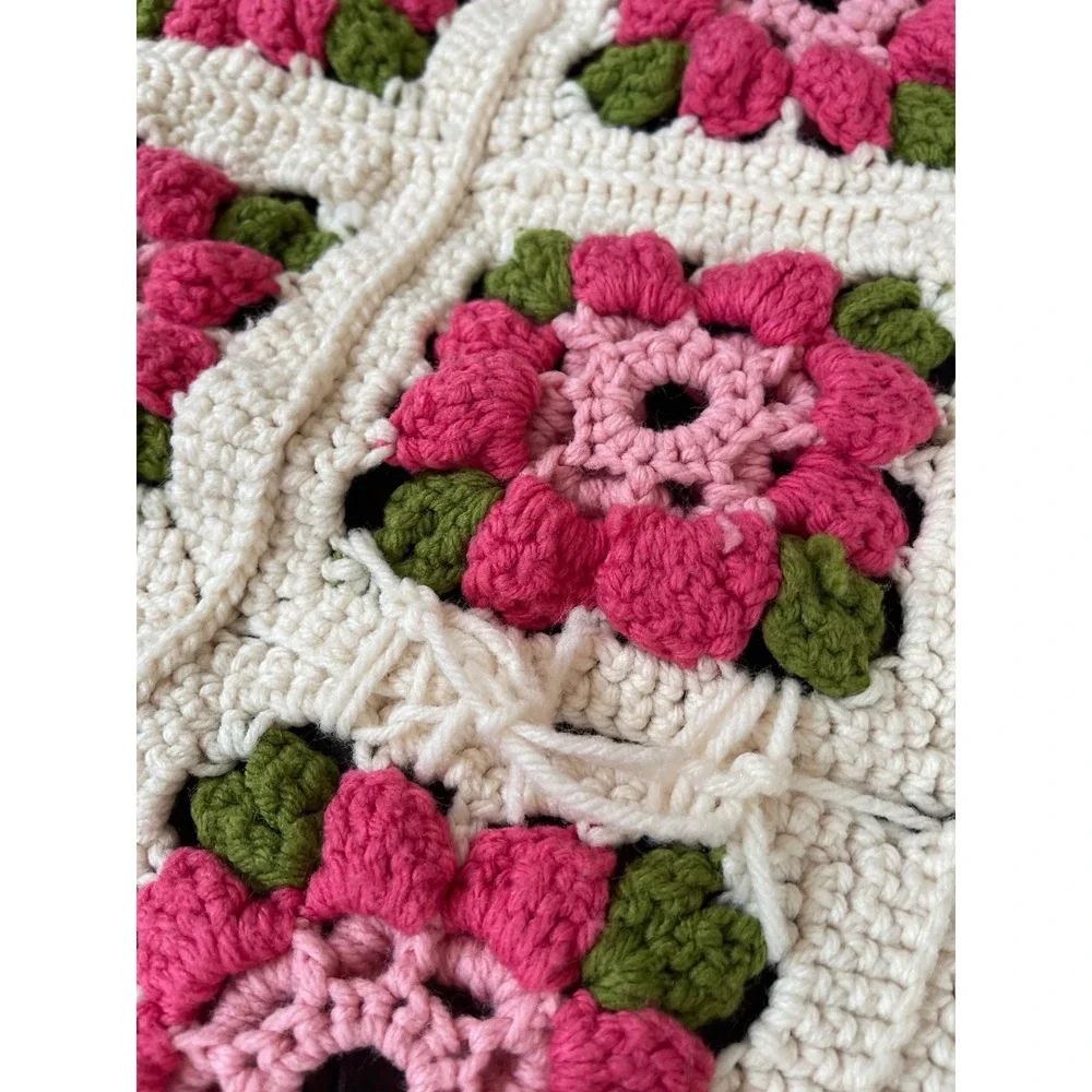 Handmade Crochet Floral Granny Square Blanket Pink Cream 63X51 Excellent Boho